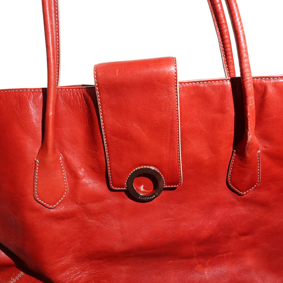 COLE HAAN Deep Red Leather Tote Bag XL Blue Lining Carry All Statement Feminine - Picture 8 of 14